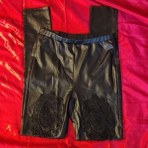 Punk Rave Gothic Black Faux Leather Floral Leggings